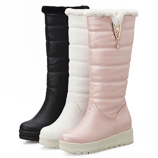 

boots woman long snow for women winter shoes slip on med heel wedges white black pink big size 2021 fashion