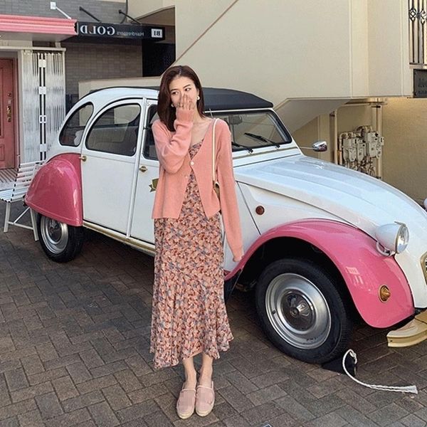 

4sfbf platycodon grandiflorum french suspender suspender dress floral chiffon skirt mori two-piece set gentle for dress style women springau, Gray