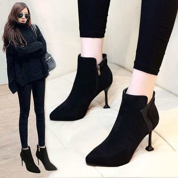 

boots autumn and winter 2021 5 cm single thin heel pointed women's, Black