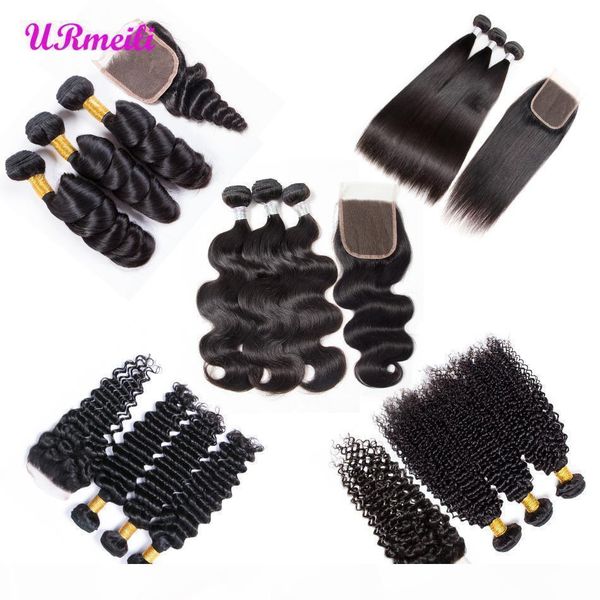 

10a brazilian deep wave curly virgin human hair bundles with closure body wave straight kinky curly deep brazilian hair bundles with closure, Black;brown