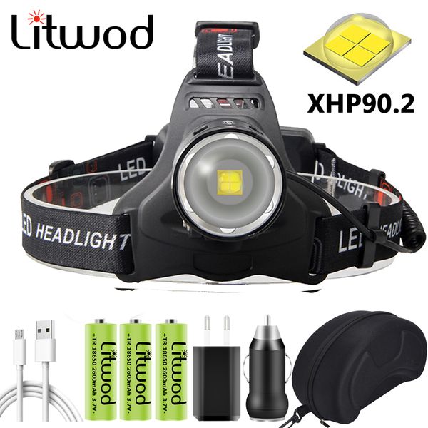 XHP90 Led potente faro Zoom faro XHP50 lampada frontale torcia elettrica 3 pezzi 18650 batteria Power Bank 7800mah lampadine Litwod