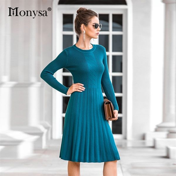 

casual knitted dress women fall winter long sleeve slim fit midi dresses ladies pleated sweater dress blue black brown 201109, Black;gray