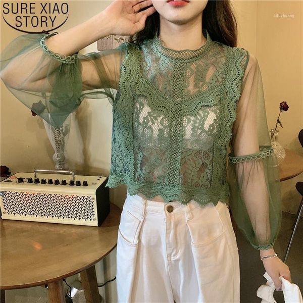 

blouses shirts casual blusas women lace blouse mesh sweet lantern long sleeve loose short pullover clothes shirt 120241, White