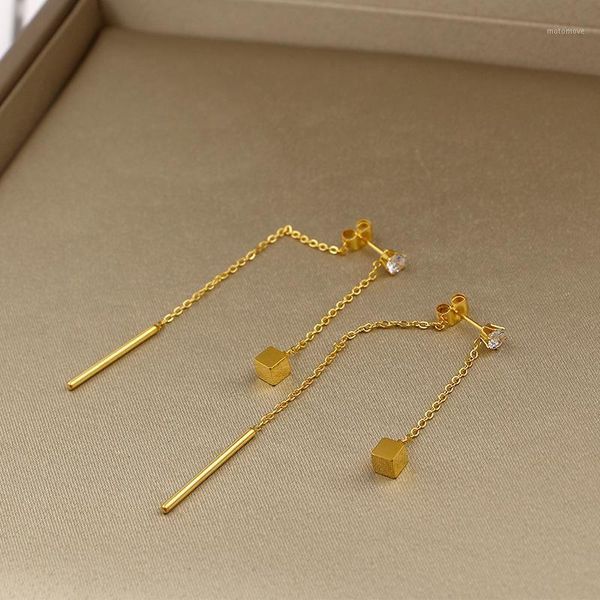

dangle & chandelier 2021 fashion long section tassel single drill hanging box round rod drop earrings for woman stainless steel gold color e, Silver