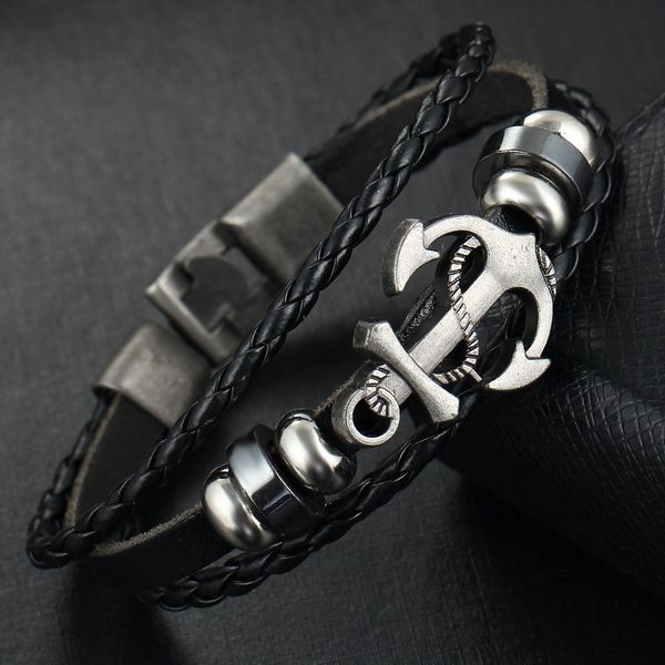 

black friday thanksgiving multilayer weave leather stainless steel anchor punk bracelets 2018 ell whosale bracelets gift bracelets, Golden;silver