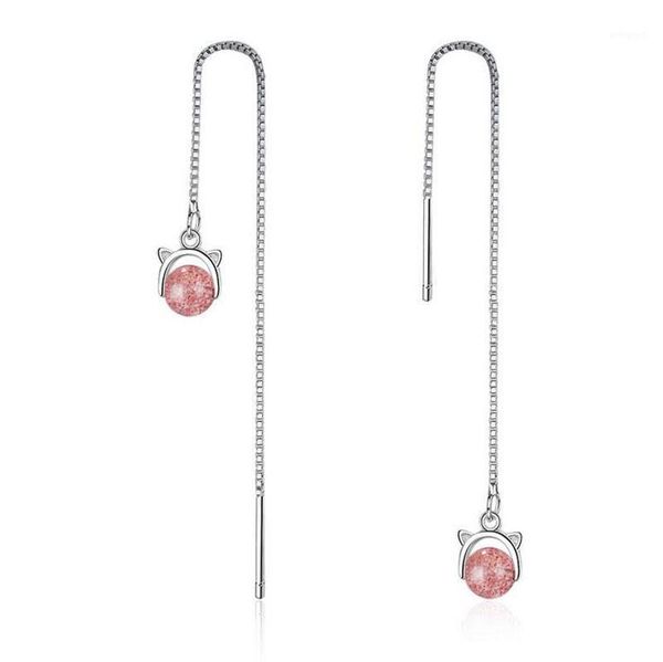

dangle & chandelier fashion women 925 silver pink crystal stone cute cat long chain earrings for girl lady simple party earring jewelry eh30
