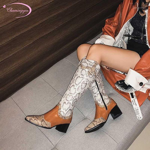 

boots street casual pointed toe serpentine zipper color matching black brown thick high heel riding women's shoes1