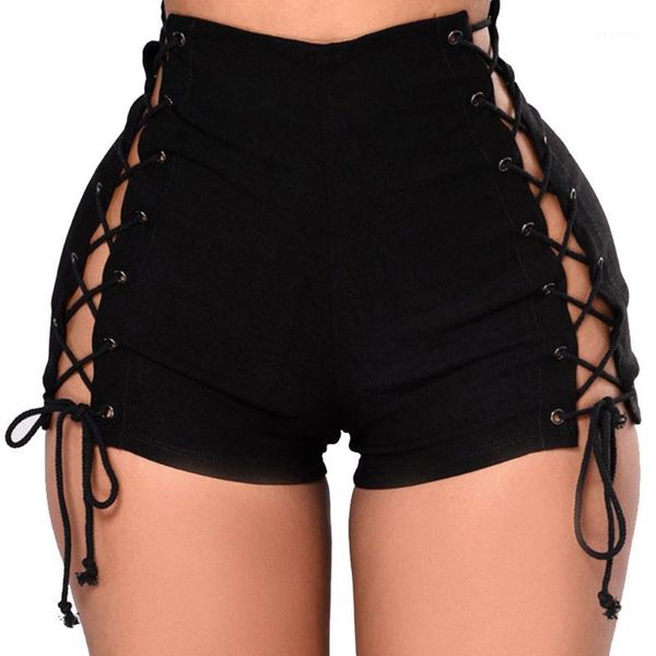 

women summer high waist zip skinny denim lace up mini shorts jeans1, Blue