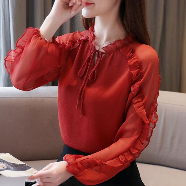 

blusas mujer de moda 2021 ruffles chiffon blouse shirt women clothes long sleeve blouse women womens and blouses c538, White