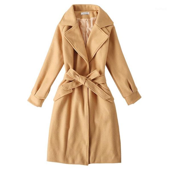 

elegant solid long woolen winter coats slim sashes office wool coat and jacket pockets turn-down collar ladies coats1, Black