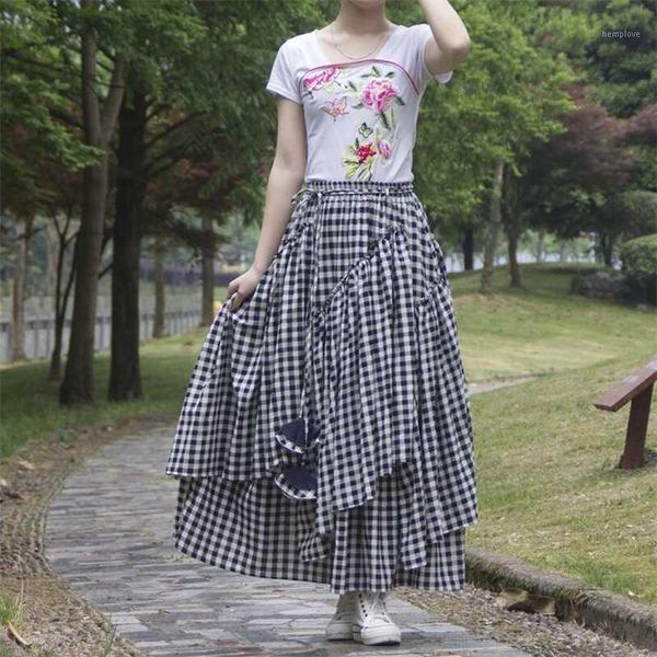 

long skirts women elastic waist black white plaid cotton linen skirt ladies irregular vintage skirts female 2020 autumn winter1
