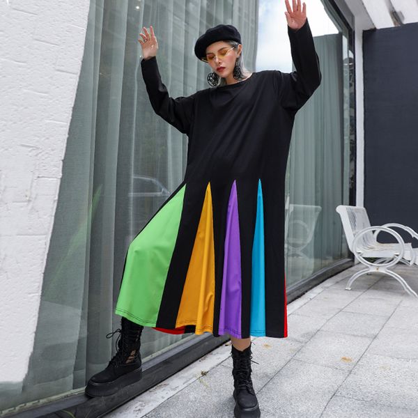 

[eam] women colorful striped hem big size dress new round neck long sleeve loose fit fashion tide spring autumn 2020 1d621 y200805, Black;pink