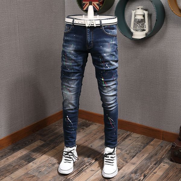 

2021 new american streetwear fashion retro blue slim fit printed designer men elastic pants hip hop jeans 5bjw