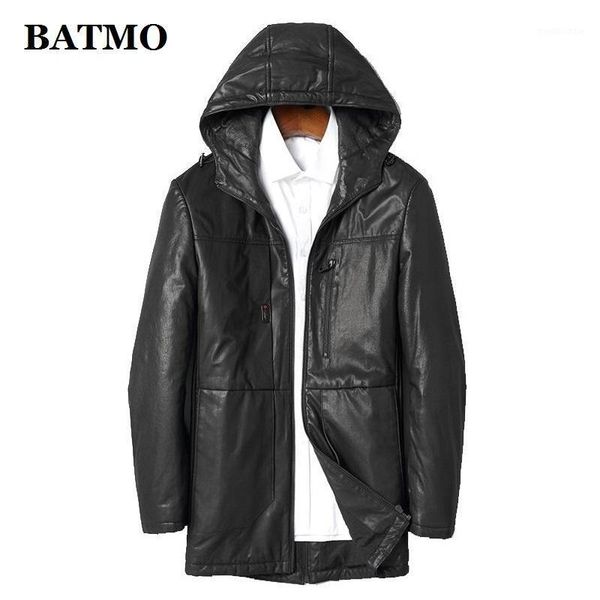 

batmo 2020 new arrival winter 100% natural real leather sheepskin 90% white duck down hooded jackets men,leather coat 19-0011, Black
