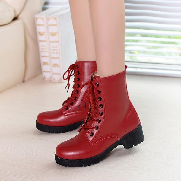 

winter boots women with fur warm snow boots lace up ladies platform shoes women ankle leather shoes botas mujer, Black