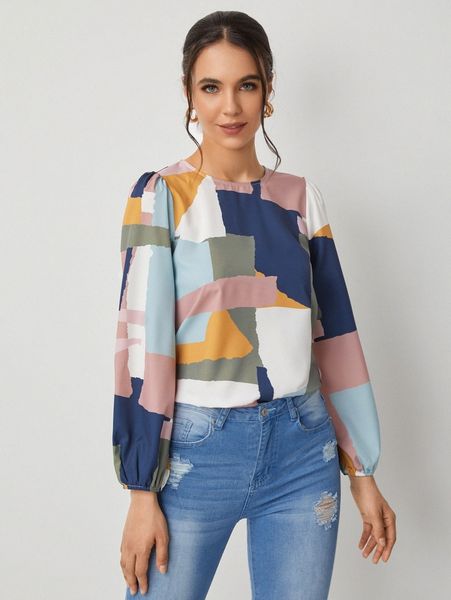 

patchwork bishop sleeve blouse g1jm#, White