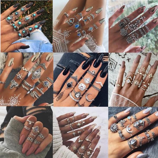 

11 pcs/set new rings set aesthatic vintage gift trendy 2021 carving auger gems ring for women ancient grunge jewelry wholesale, Slivery;golden