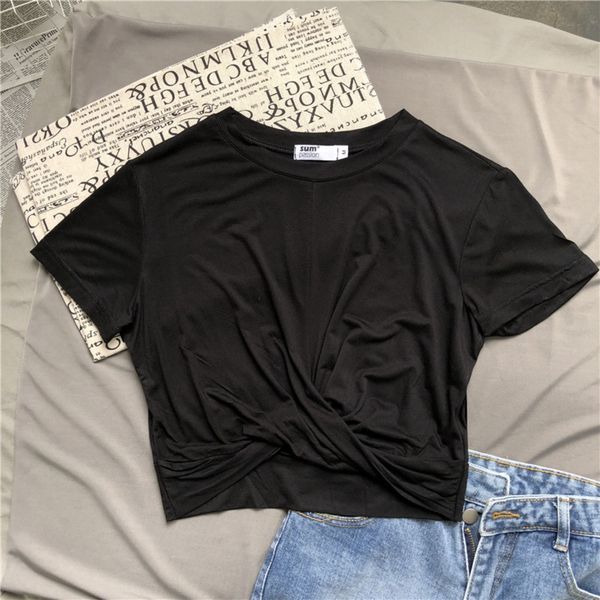 

modal hem knotted short-sleeved blouse t- shirt shirt shirtwomen's summer 2019 new korean style navel short casual t-shirt jdndx, White