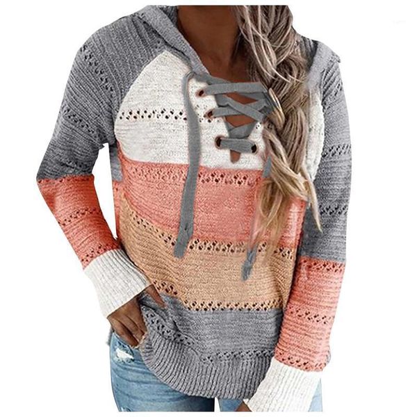 

women v neck patchwork hooded sweater autumn casual long sleeve knitted sweater female striped elegant pullover jumpers1, White;black