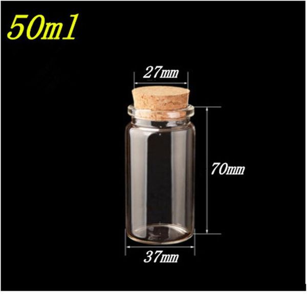 

37*70*27mm 50ml glass bottles with cork transparent empty glass vials jars 50pcs/lot wholesale glass bottles bbyvvv