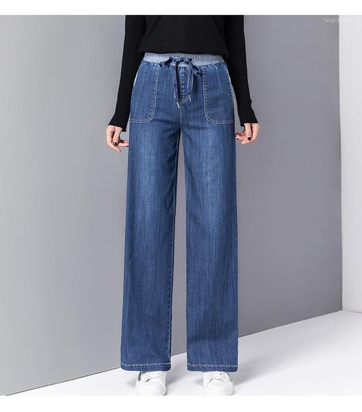 

casual straight jeans women stretch loose fit denim trousers high waist blue long pants hip lifting straight pants spring1