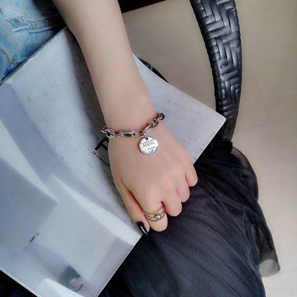 

0h4zb korea s925 sterling braceletbracelet bracelet silver braceletletter braceletfemale star hand ornamentsimple student brand large round, Golden;silver