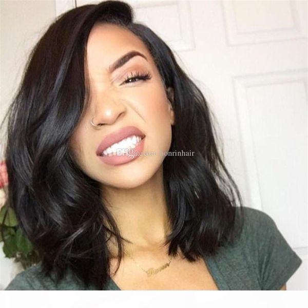 

full lace wig wavy short wave natural wave pre-plucked hairline brazilian virgin hair 150% density lace front wig with baby hair, Black;brown