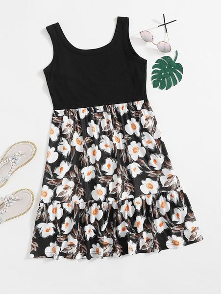 

girls floral spliced cami dress she, Red;yellow