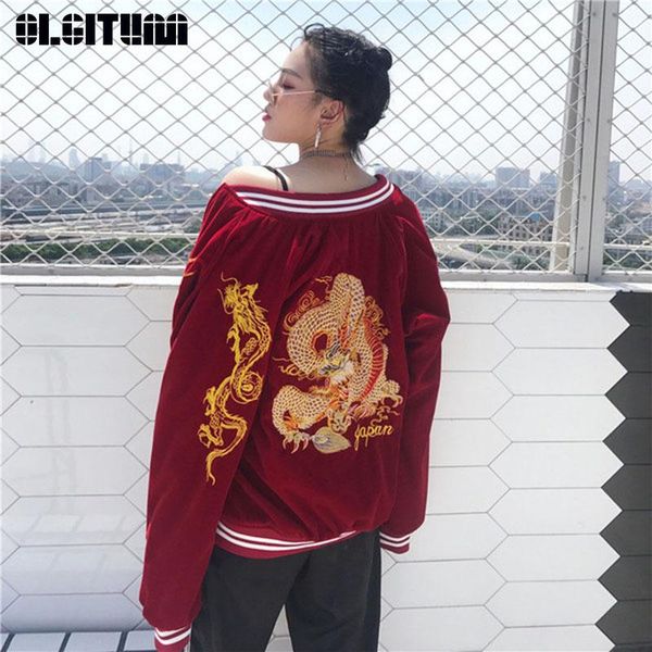 

2021 autumn street trend new dragon embroidery baseball clothing zipper flower wine red jacket o-neck women service coat jk791, Black;brown
