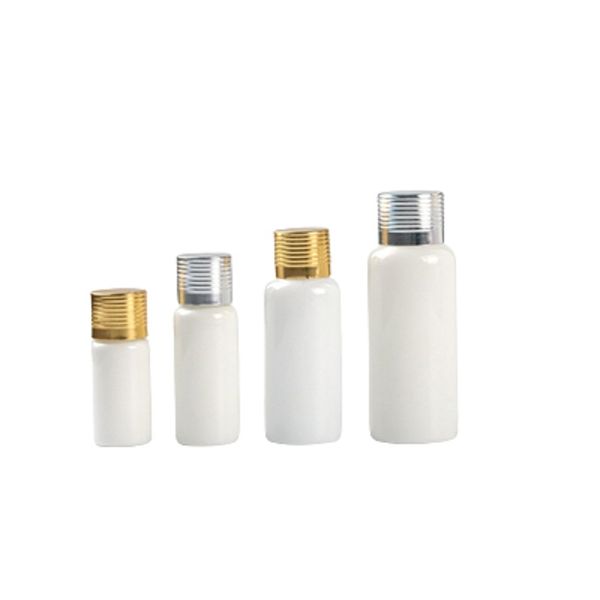 Bottiglia riutilizzabile in plastica bianca lucida Spalla tonda PET Oro argento Coperchio in alluminio Contenitore vuoto per imballaggio cosmetico portatile 10ML 20ML 30ML 50ML