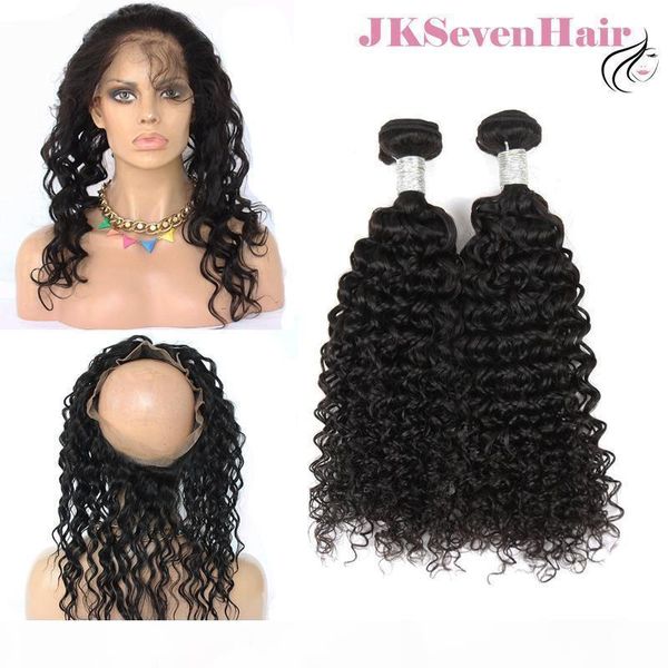 

curly wave malaysian virgin hair wefts 2 bundles with 360 lace frontal wig brazilian peruvian remy hair extensions with 130 density wig, Black