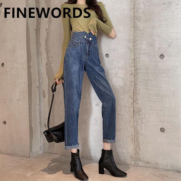 

finewords autumn winter harem boyfriend mom jeans vintage blue high waist korean jeans casual loose streetwear boot cut