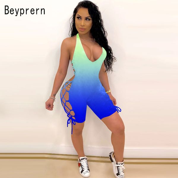 

beyprern new chic tie-dye matching bandage jumpsuit summer womens cute lace-up rainbows colors rompers night out overalls t200704, Black;white