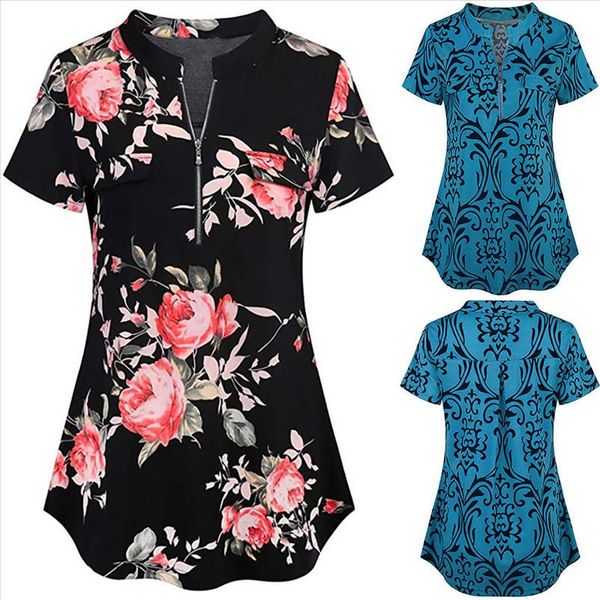 

womens blouses casual round neck short sleeved zipper loose printed plus size shirt female blouses women blouse top, White