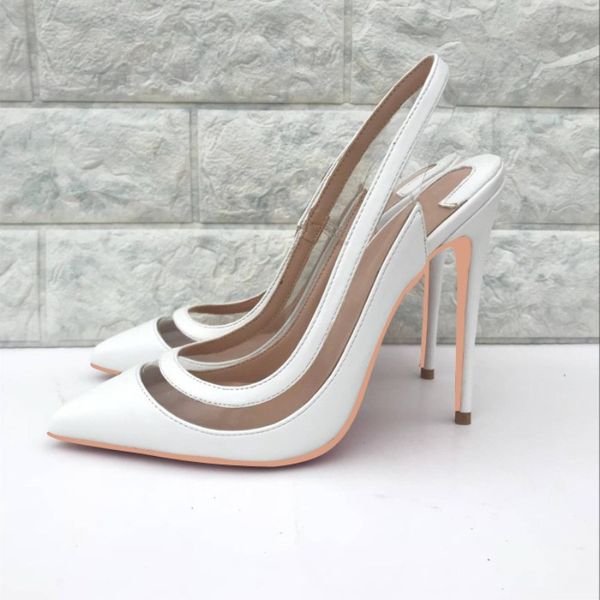 

patent leather + transparent pvc women shoes summer designer black white/nude pointy toes sandals 12 cm slingback pumps womens party sh