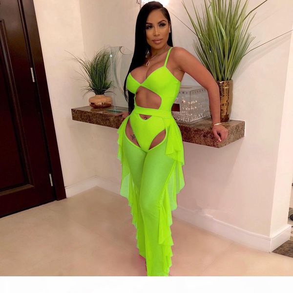 

new women swimwear hollow out one piece swimsuits with mesh ruffles beach cover ups pants women thong swimwear bathing suits 2pcs set, White;black