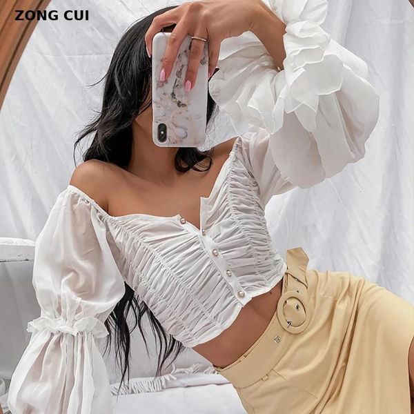 

women's white color bubble sleeve pleated button open navel slim new fashion off shoulder long sleeve shirt single breasted1