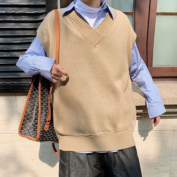 

new men clothes sweater male ins korean style v-neck jacket solid casual student beige khaki loose sleeveless sweater vest men 201124, White;black