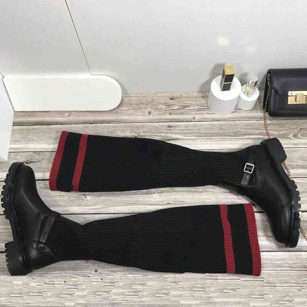 

women designer knee boots letter embroidery shoes genuine leather alphabet printing boot round toes shoe wild winter fashion thigh-high, Black