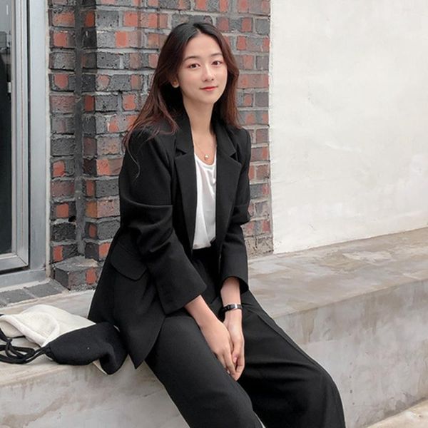 

women's two piece pants korean black fashion suit business loose female elegant oversized women jacket ladies office wear conjuntos clo, White