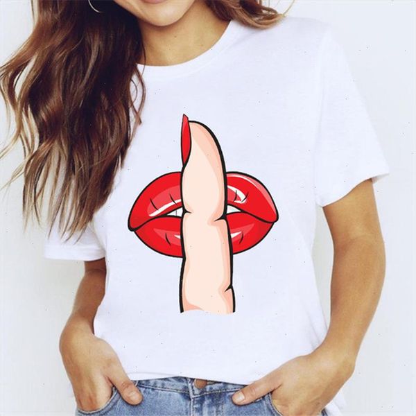 

2021 summer women girls ladies short sleeve casual polyester t shirts red lip shut up art 90s tee shirts women, White