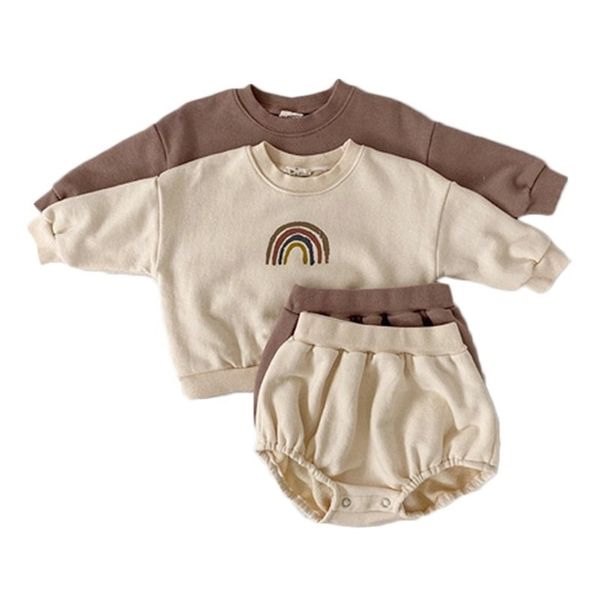 

baby boys and girls rainbow clothing set kids casual long sleeve rainbow pullover sweatshirt + shorts children clothes set 201126, White