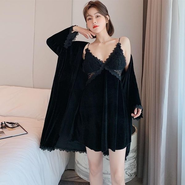 

winter women pajamas set velvet robe gown suit autumn lingerie 2 pieces femme sleepwear underwear bathrobe nightdress, Black;red