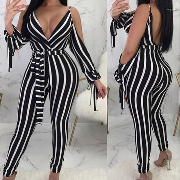 

plus size deep v neck rompers women's striped jumpsuits 2020 zanzea casual backless summer pants off shoulder playsuits 71, Black;white