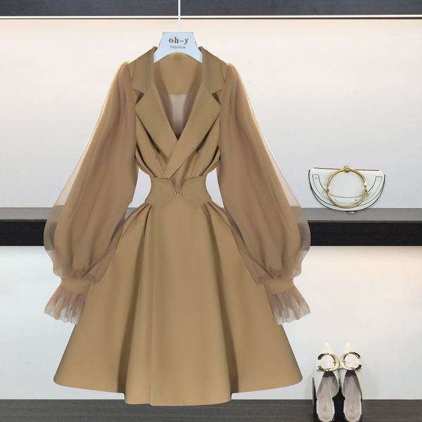

getspring women trench coat mesh patchwork lantern sleeve vintage trench coat women khaki leisure long coats woman clothes lj201128, Tan;black