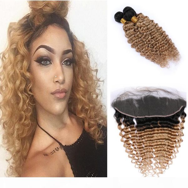 

indian ombre frontal lace closure with bundles dark root deep wave ombre lace frontal with bundles #1b 27, Black;brown