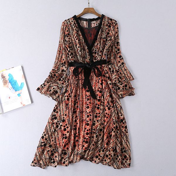 

milan runway dress 2019 spring summer v neck long sleeve print panelled sashes designer dress brand same style dress 010514, Black