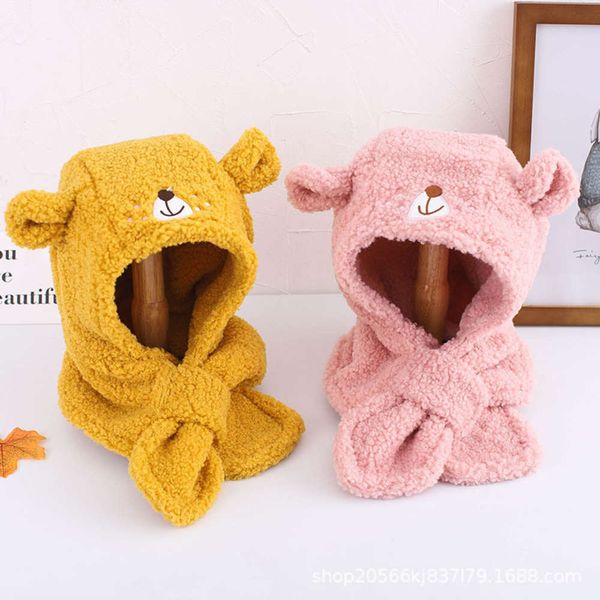 

girls autumn winter boys and lovely ear protection integrated hat baby korean lamb rabbit plush hooded scarf, Red;brown