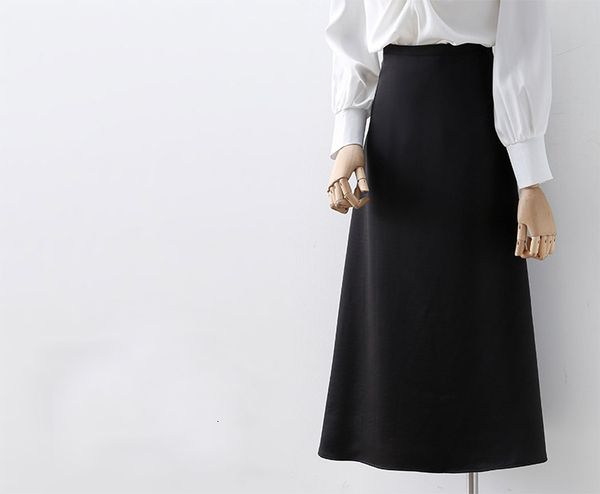 

new 2021 summer high waist vintage women a-line long fashion pure color elegant satin midi length skirt jupe femme saia ulf9, Black