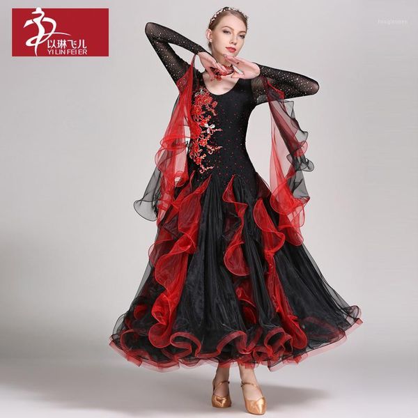 

black spandex ballroom dress for woman waltz & tango dance professional skirt stage performance costumes modern wear a00441, Black;red